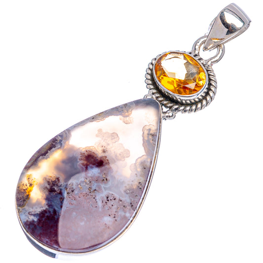 Citrine and plume agate teardrop pendant in polished .925 silver
