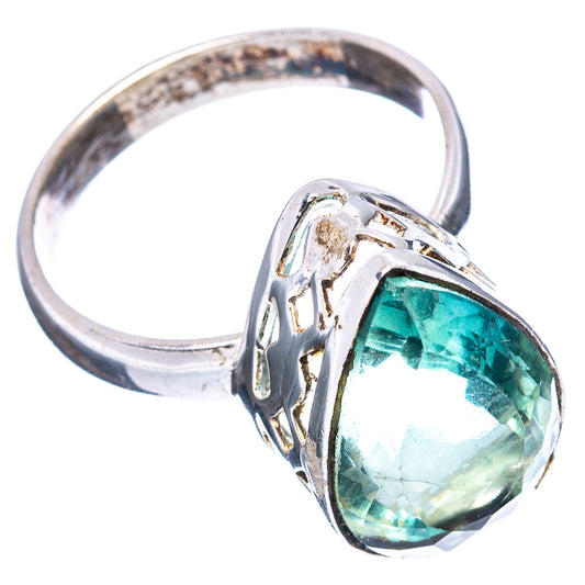 Faceted green fluorite teardrop ring on sterling silver band, prong setting, size 8