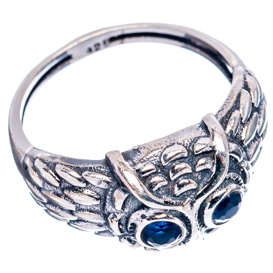Sterling silver owl ring band with engraved feathers and blue cabochon accents