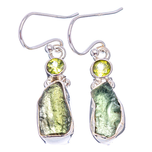 Sterling silver drop earrings with lime-green round stones and polished green moldavite