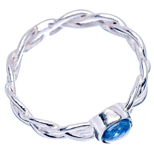Sterling silver dainty ring with round blue kyanite cabochon, open twisted band
