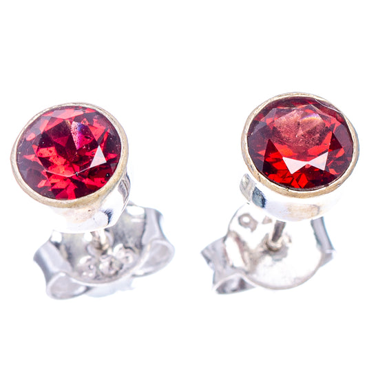 Sterling silver garnet stud earrings, round bezel-set red gemstones on posts
