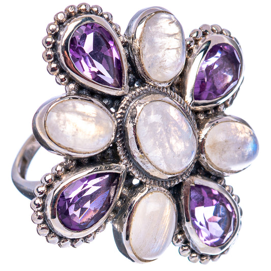 Sterling silver flower ring with purple amethyst teardrop stones and iridescent moonstone centers