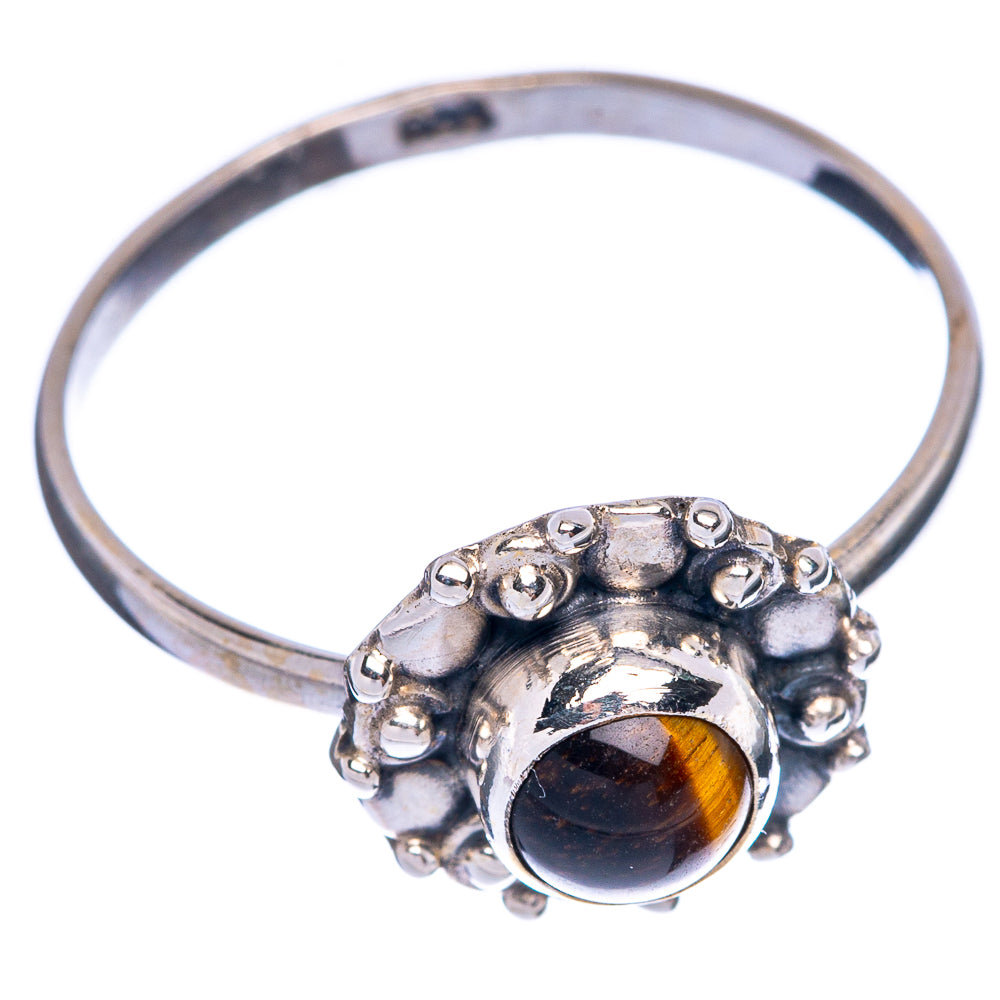 Sterling silver dainty ring with tiger eye round cabochon, beaded halo