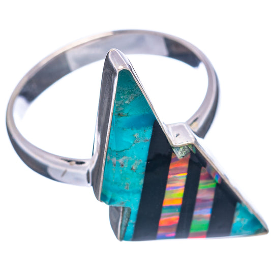 Sterling silver ring with tall turquoise opal triangle and black with rainbow striped band