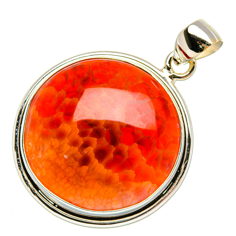 Round red-orange fire agate pendant with double silver frame and loop bail