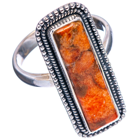 Rectangular orange sponge coral cabochon sterling silver ring with raised rope frame