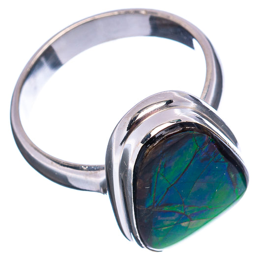 Sterling silver ring with oval teardrop ammolite in dark green-blue iridescent colors