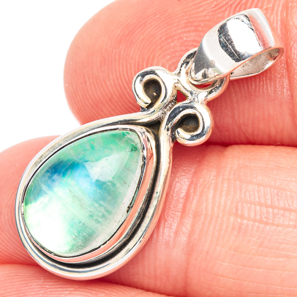 Green moonstone pendant in 925 sterling silver, teardrop bezel with loop bail.