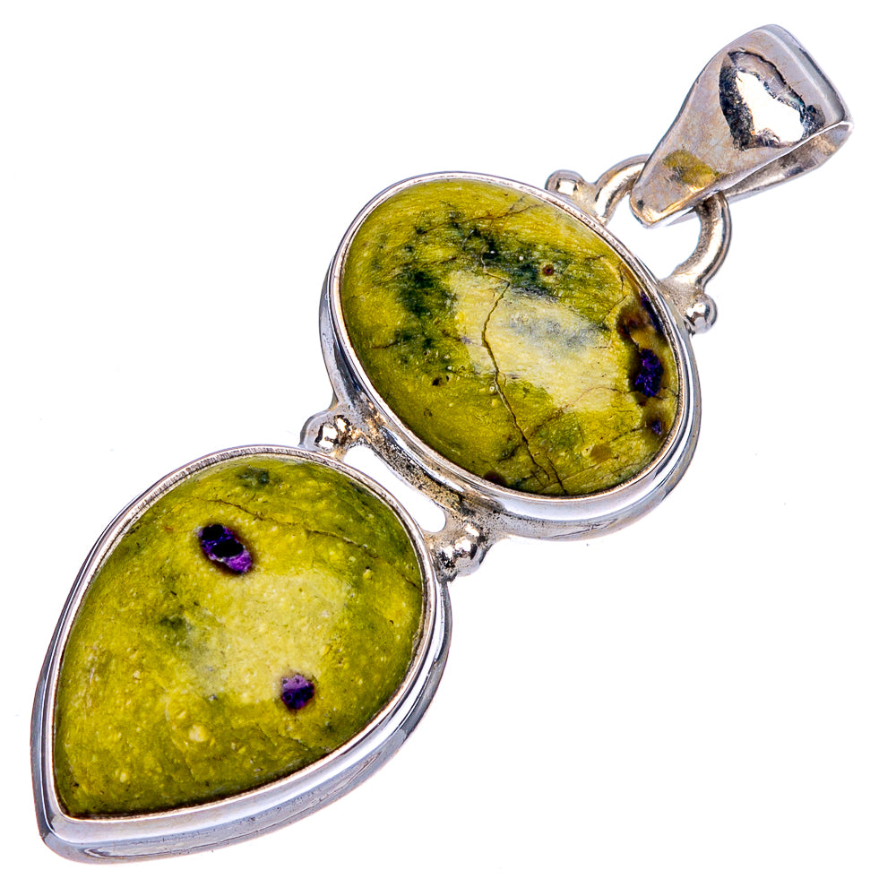 Two-oval yellow-green gemstone sterling silver pendant with hinged bail and purple inclusions