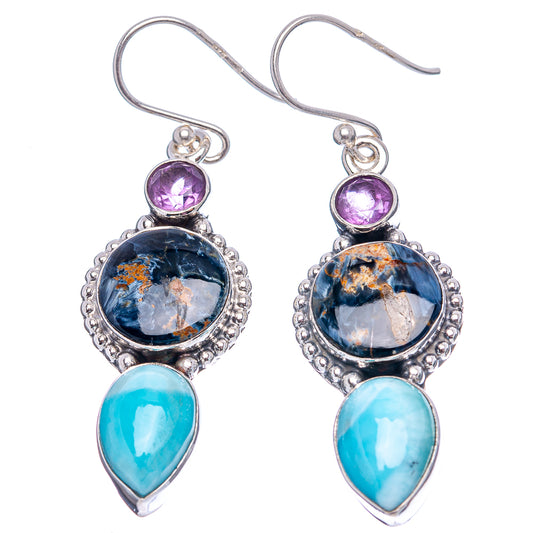 Sterling silver amethyst, blue pietersite and larimar drop earrings with ornate bezels