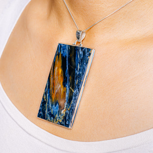 Rectangular Pietersite pendant on silver chain, .925 sterling silver frame, blue and gold veining