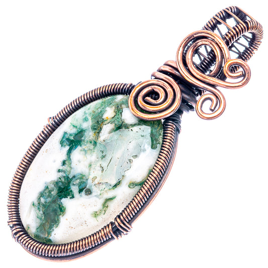 Oxidized copper wire wrap moss agate pendant, teardrop cabochon with coiled frame