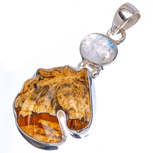 Sterling silver horse charm pendant with iridescent oval top stone over picture jasper horse