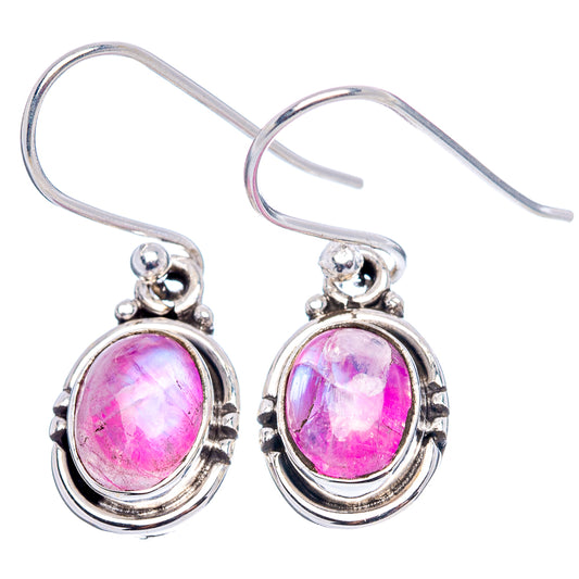 Pink oval moonstone drop earrings in .925 sterling silver, scalloped bezel, hook backs