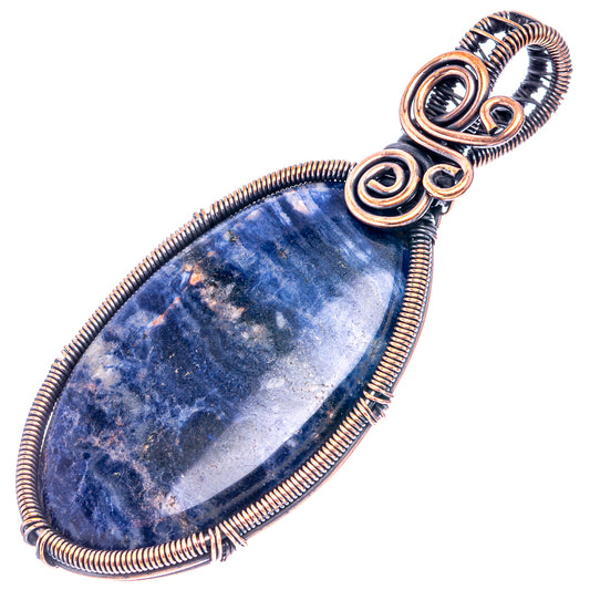 Oxidized copper wire-wrapped teardrop sodalite pendant with spiral bail and frame
