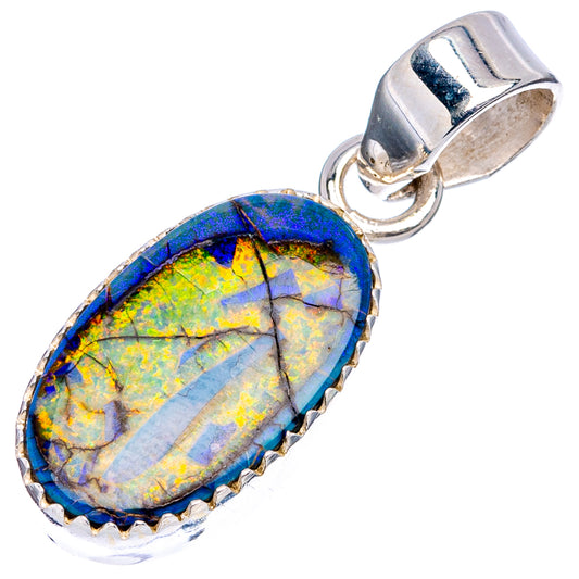Oval multicolor opal pendant in .925 sterling silver with blue-green stone bezel