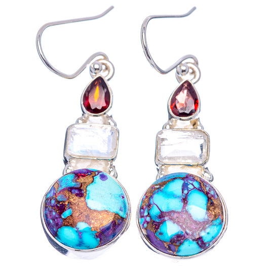 Sterling silver dangling earrings with blue-and-purple round stone, red teardrop, and square accents