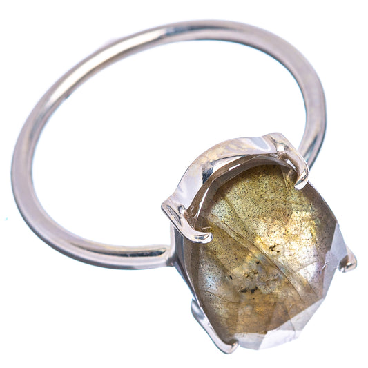 Faceted labradorite gemstone ring in .925 sterling silver with prong-set oval stone