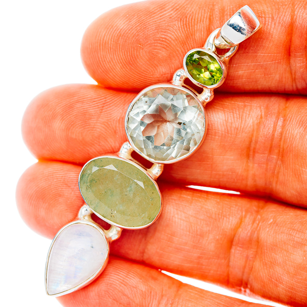 Premium Multi-Gem Rainbow Moonstone, Prehnite,Green Amethyst, Peridot Pendant 2 3/8" (.925 Sterling Silver)
