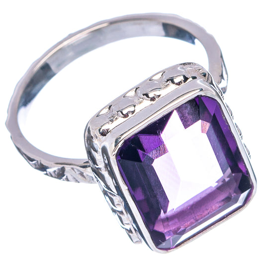 Sterling silver amethyst ring, purple square cushion stone with engraved band