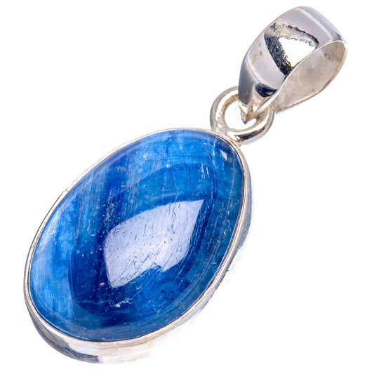 Blue oval kyanite cabochon pendant in .925 sterling silver bezel, open bail