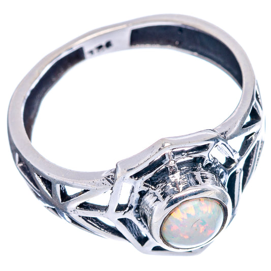 Sterling silver opal ring, wide openwork band with round iridescent cabochon bezel