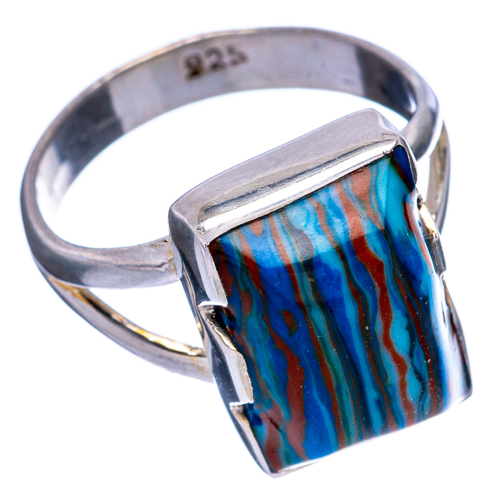 925 sterling silver ring with rectangular calsilica stone in blue and red stripes