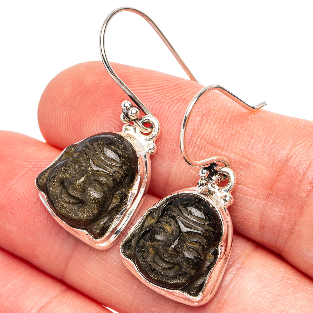 Gold Sheen Obsidian Buddha Earrings 1 1/4" (925 Sterling Silver) E2767