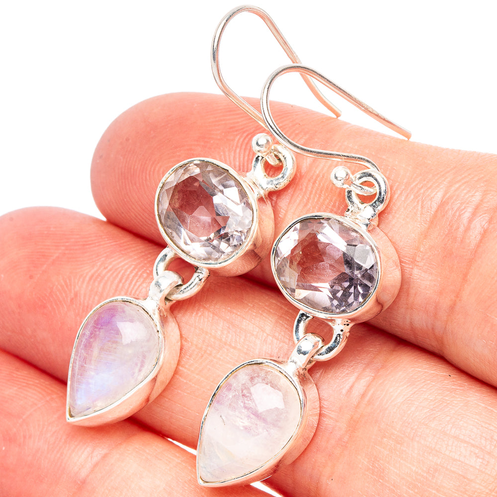 Rainbow Moonstone, White Quartz 925 Sterling Silver Earrings 1 3/4" (925 Sterling Silver) E2108