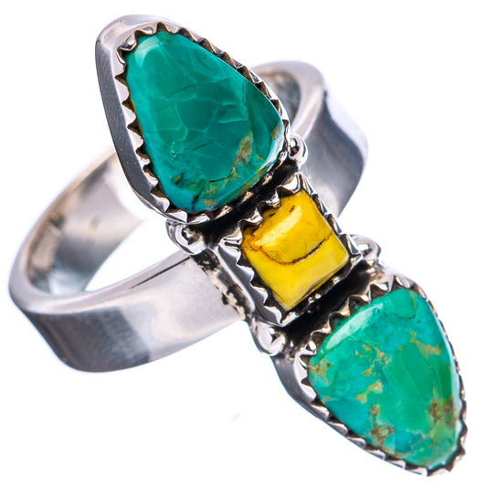 Adjustable sterling silver ring with three bezel-set stones: turquoise, yellow, turquoise