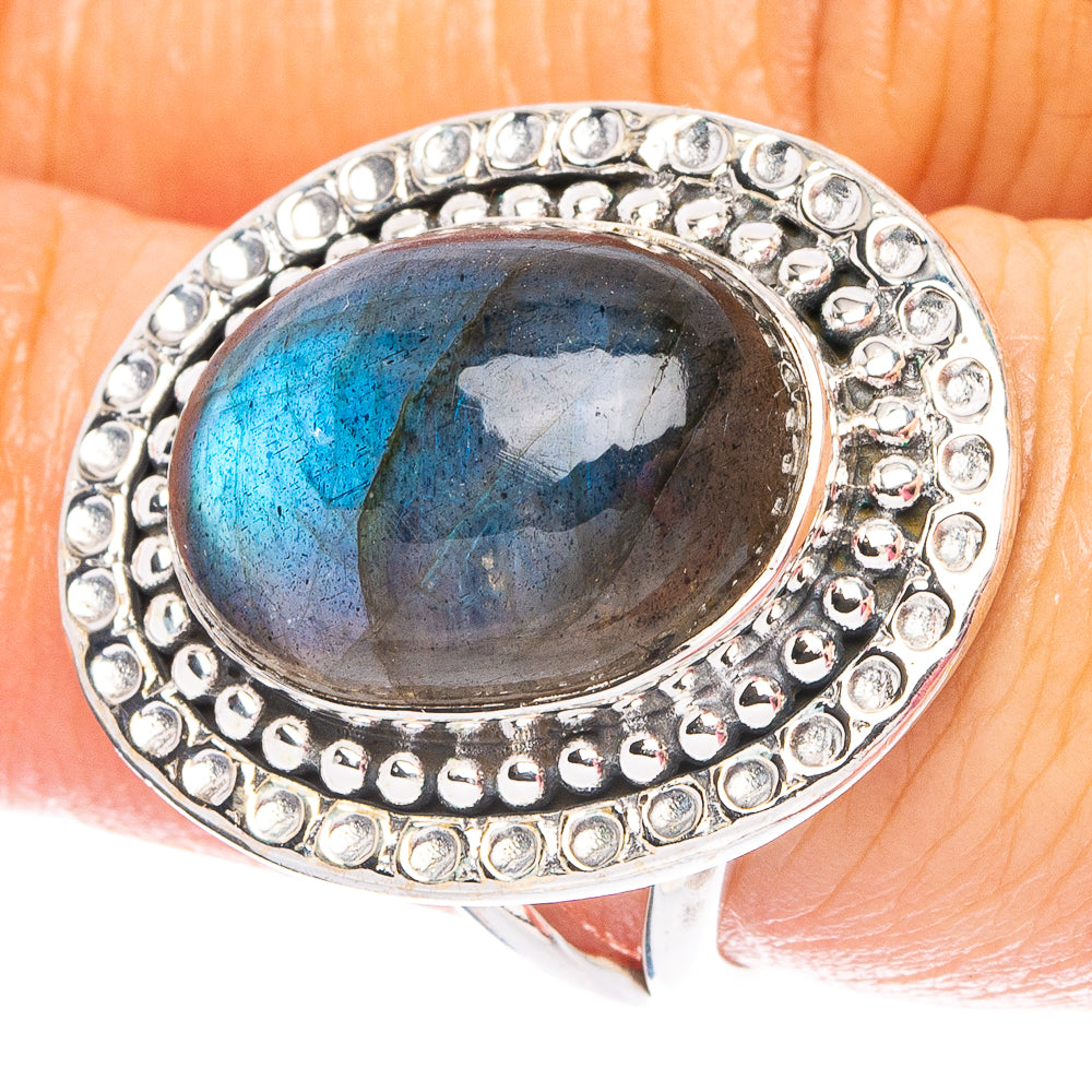 Sterling silver labradorite ring with oval cabochon and halo of round stones