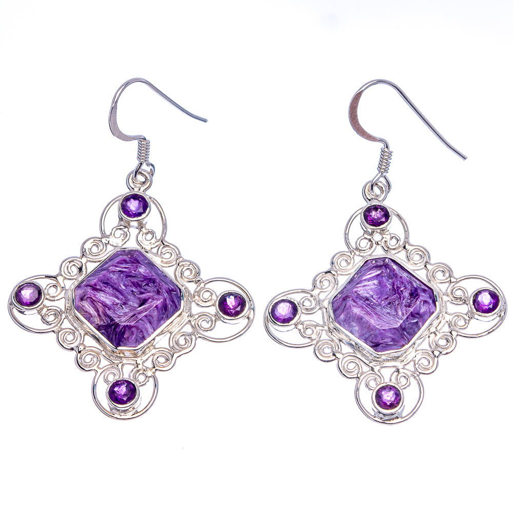 Signature Charoite, Amethyst Earrings 2" (.925 Sterling Silver)