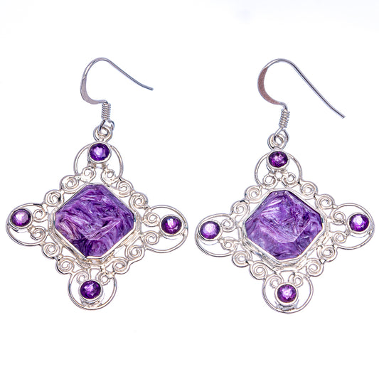 Amethyst and charoite chandelier earrings, .925 sterling silver with purple stones, pair