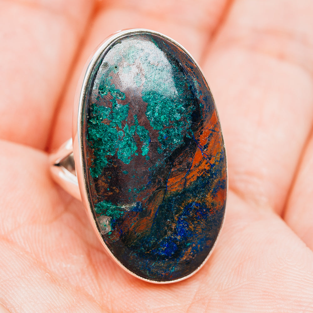 Azurite-style oval ring in .925 sterling silver, size 8.75, dark blue and green