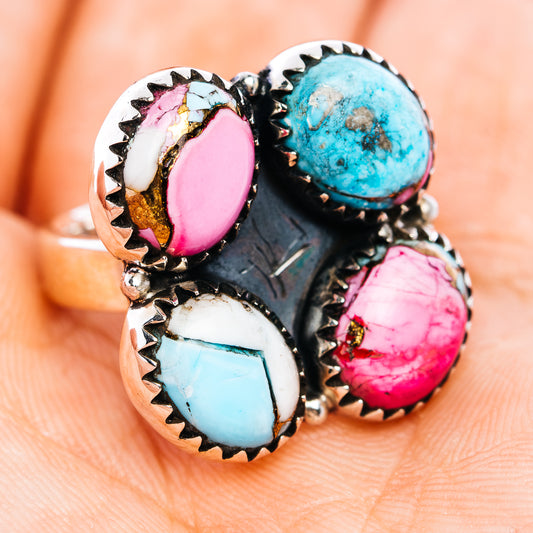 Turquoise and pink oval cabochon ring with black scalloped sterling silver setting