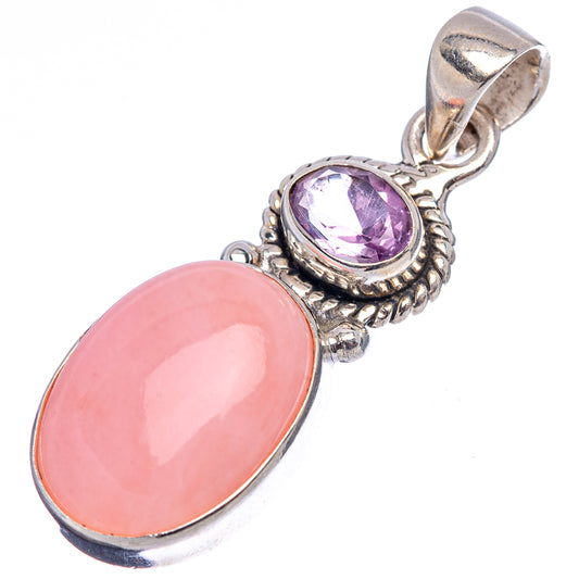 Sterling silver pendant with oval pink opal and round purple amethyst, bail at top