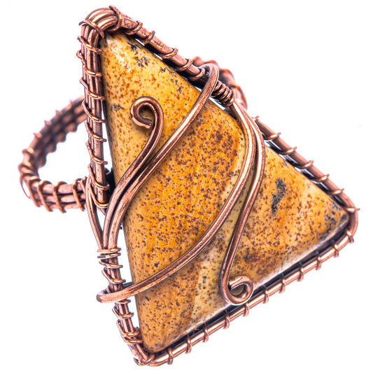 Oxidized copper picture jasper ring with large oval speckled stone, wire frame, size 8.25