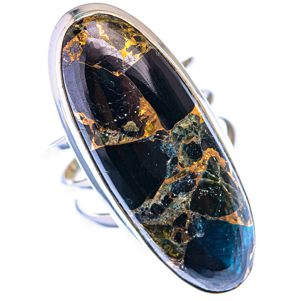 Sterling silver oval onyx ring with gold speckled stone, open band view