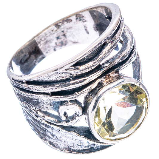 Sterling silver ring with round lemon quartz and stacked engraved swirl band