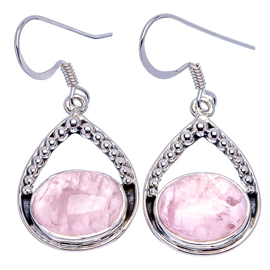 Rose quartz teardrop earrings with hook backs, pink cabochon in bead-trim .925 silver