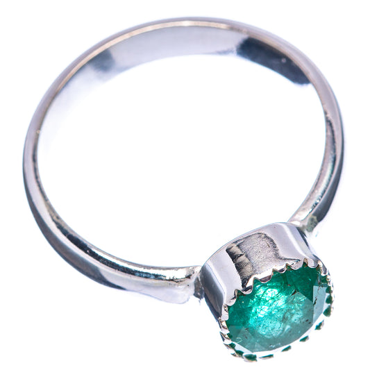Sterling silver ring with round green emerald bezel, open side view