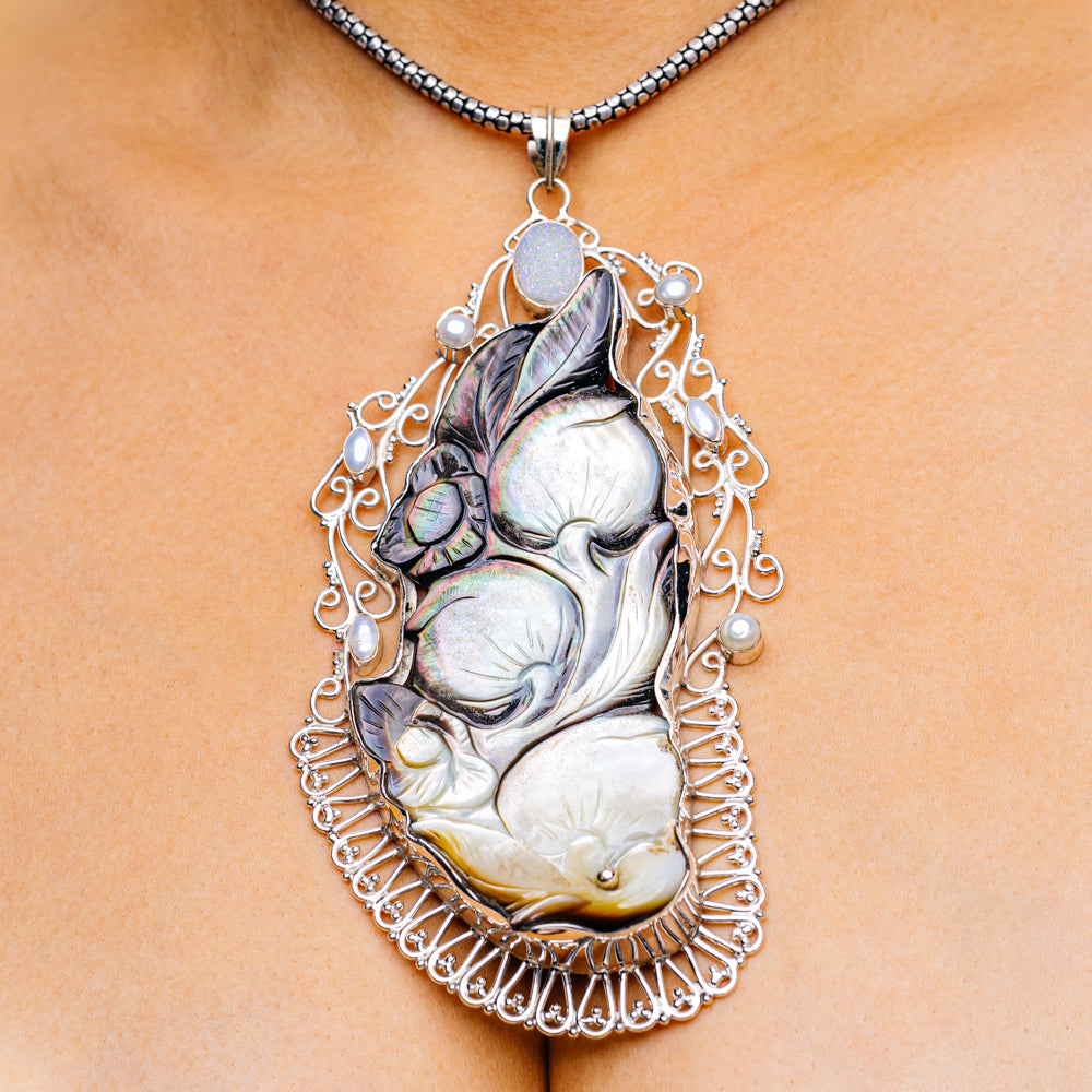 Gigantic Mother Of Pearl, Angel Aura Druzy, Cultured Pearl Pendant 5 7/8" (.925 Sterling Silver)
