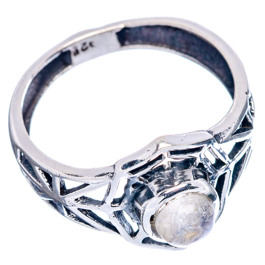 Sterling silver dainty ring with round moonstone cabochon and openwork web design
