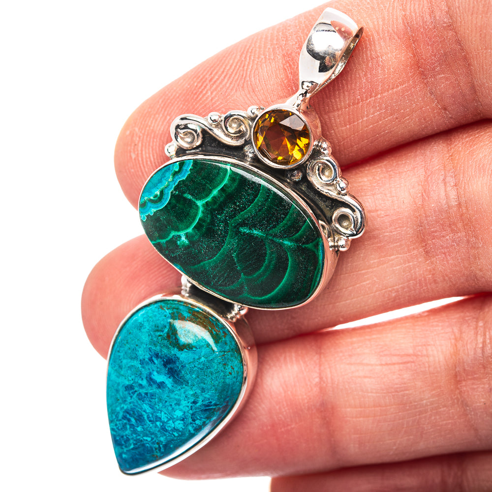 Premium Southwestern Style Shattuckite, Malachite, Citrine Pendant 2 1/8" (.925 Sterling Silver)
