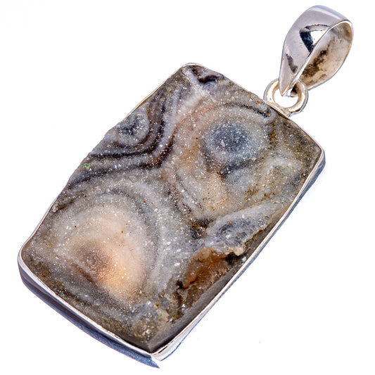 Sterling silver druzy pendant, rectangular stone with swirl patterns and gray shimmer.