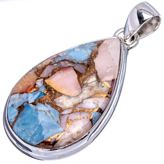 Sterling silver teardrop opal matrix pendant with pink and blue stones and gold-toned veins