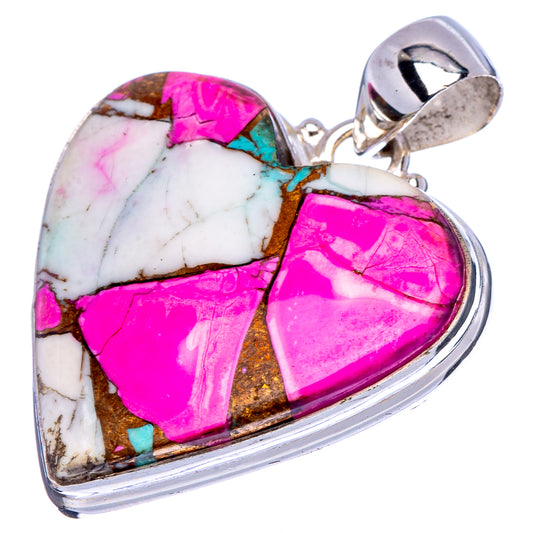 Sterling silver heart pendant with bright magenta and turquoise inlay and white stone