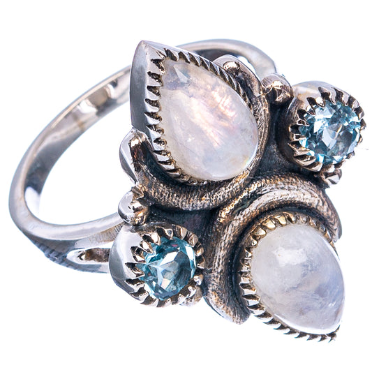 Sterling silver ring with two oval moonstone panels and two blue topaz round stones