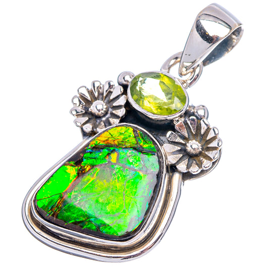 Sterling silver pendant with round green peridot and bright green ammolite heart drop
